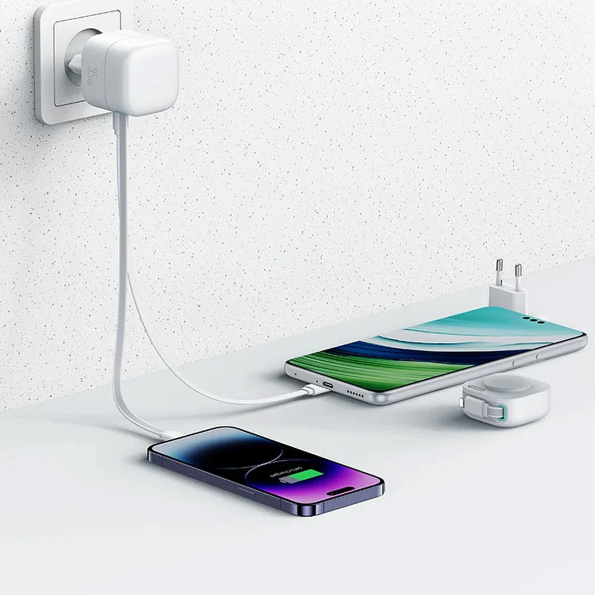 СЗУ Usams US-CC209 GaN With Lightning Magnetic Retractable Cable Module XMF Ser. 35W (2USB-C) White