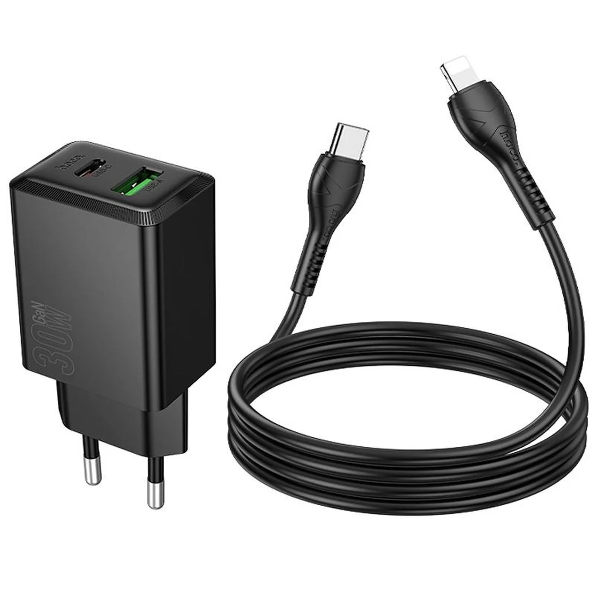 СЗУ Hoco N71 Nuevo PD30W+QC3.0 (1USB-A/1C) + кабель Type-C to Lightning Black