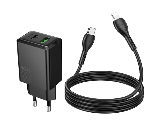 СЗУ Hoco N71 Nuevo PD30W+QC3.0 (1USB-A/1C) + кабель Type-C to Lightning Black