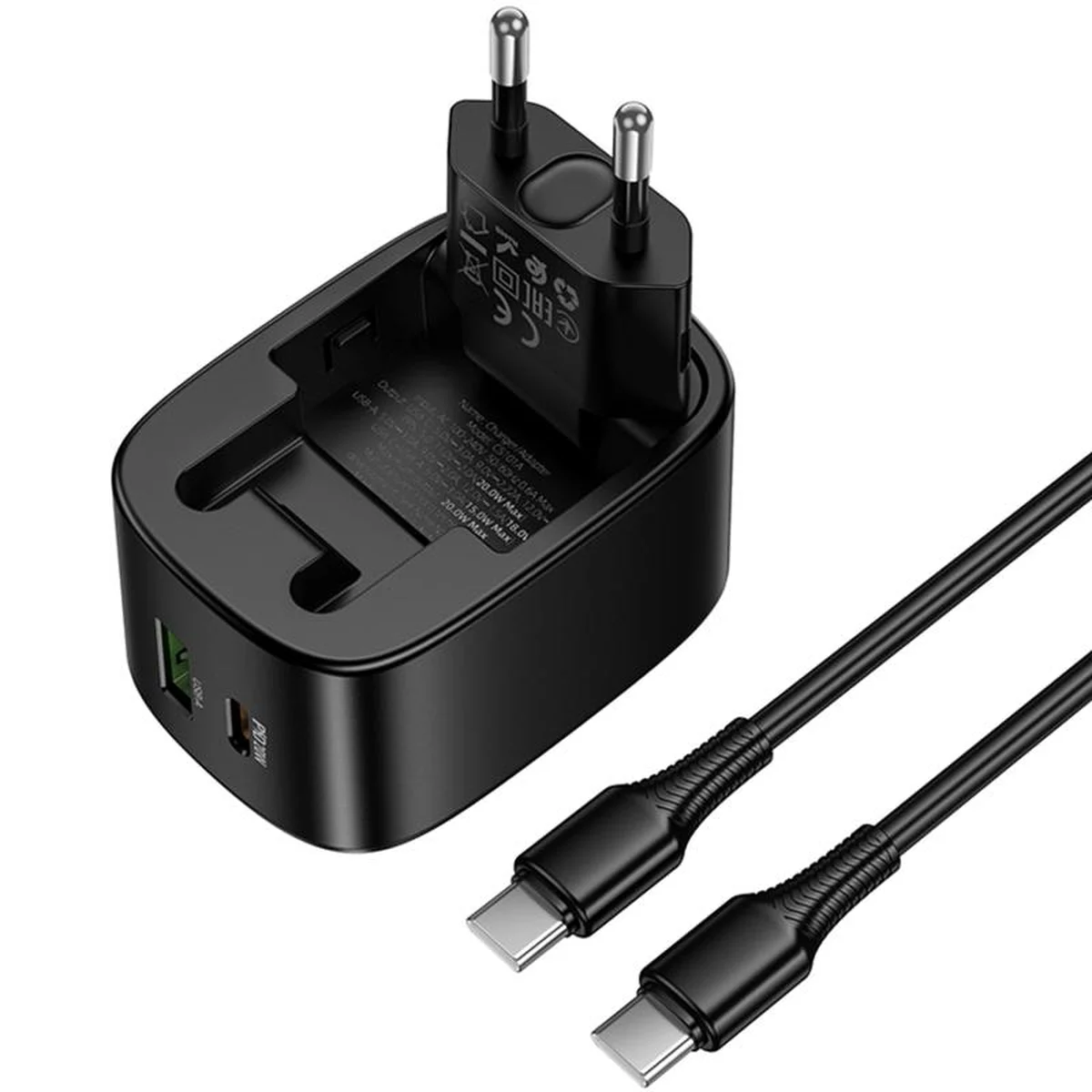 СЗУ Hoco CS102A Folding PD30W+QC3.0 (1USB-A/1C) + кабель Type-C to Type-C Black