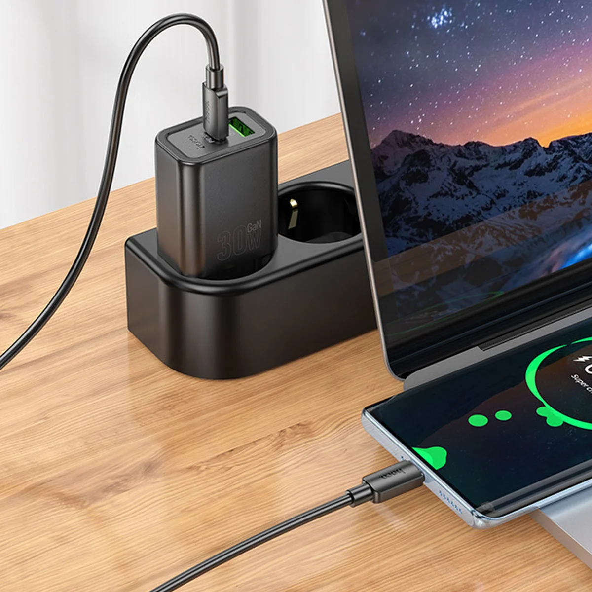 СЗУ Hoco N63 Gentle PD30W+QC3.0 (1USB-A/1C) + кабель Type-C to Lightning Black