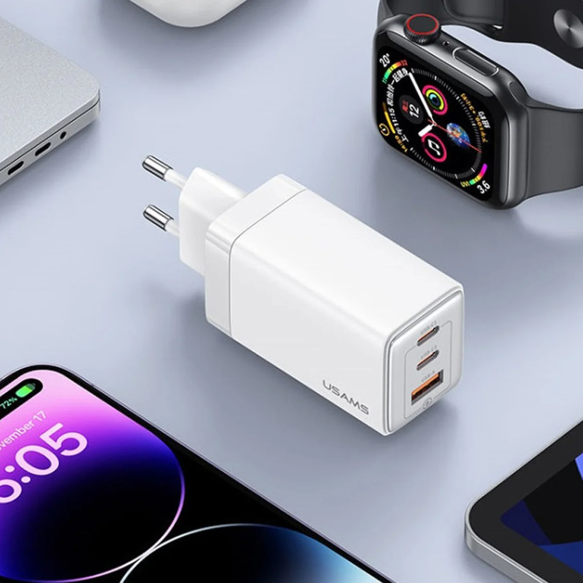 СЗУ Usams US-CC180 65W ACC 3 Ports GaN Sandru series White
