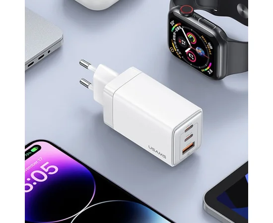 СЗУ Usams US-CC180 65W ACC 3 Ports GaN Sandru series White