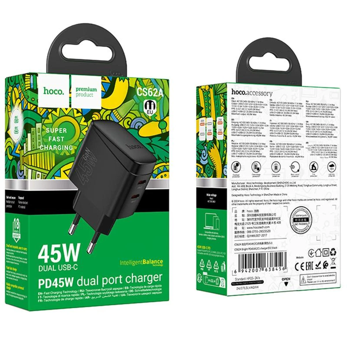 СЗУ Hoco CS62A Bright PD45W (2USB-C) Black