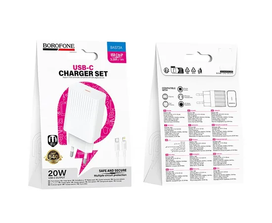 СЗУ Borofone BAS73A Source PD20W (1USB-C) + кабель Type-C to Lightning White