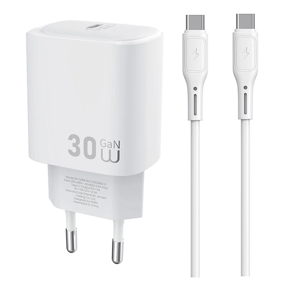 СЗУ WIWU G008 Essen PD30W GaN (1USB-C) + кабель Type-C to Type-C White