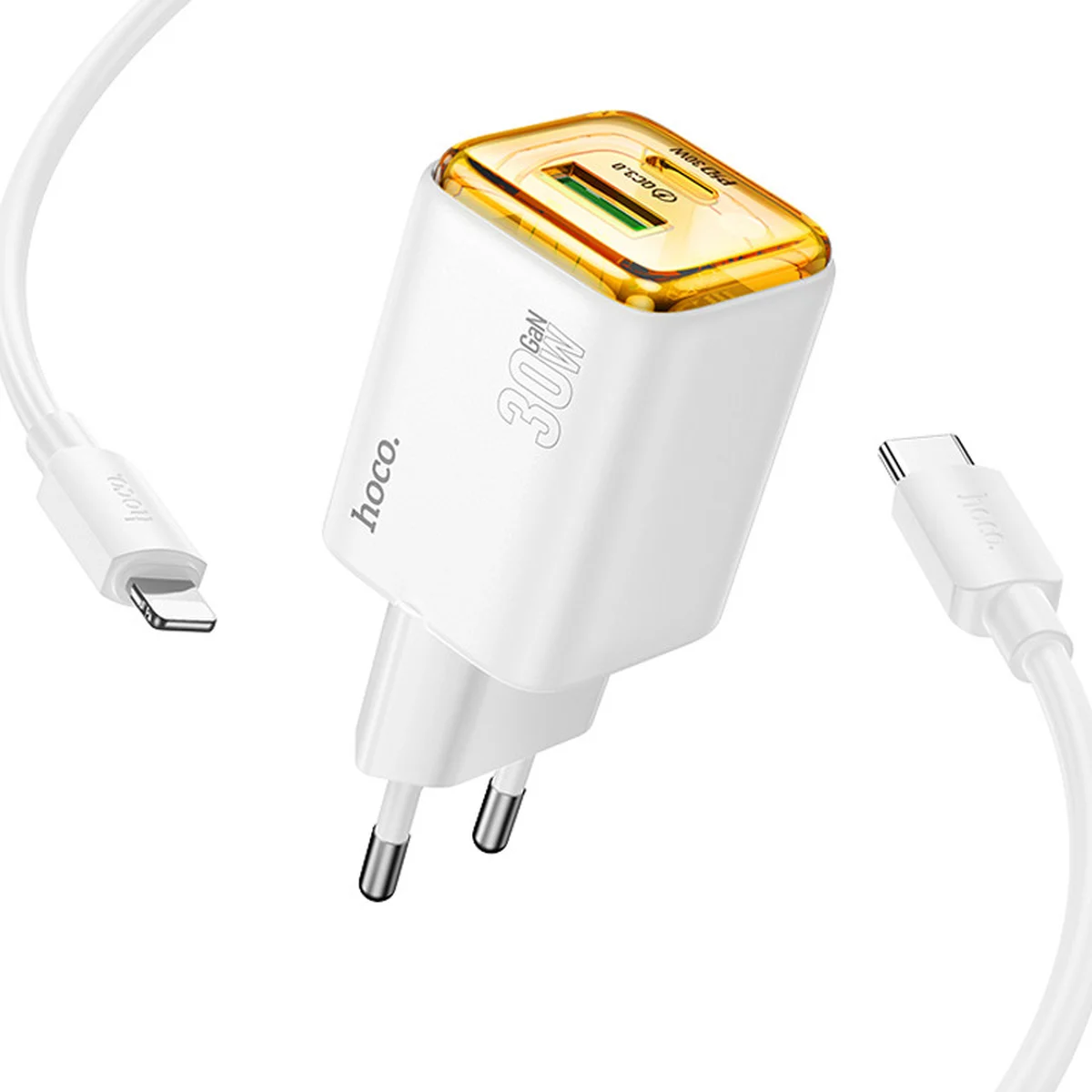 СЗУ Hoco N53 Monsoon PD30W+QC3.0 (1USB-A/1C) + Type-C to Lightning White