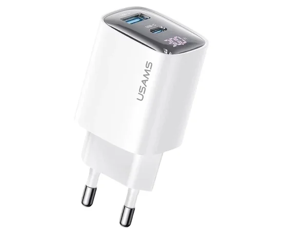 СЗУ Usams US-CC229 GaN Digital Display XC Ser. 30W (1USB-A/1C) White