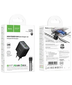 СЗУ Hoco C158A Upgrade PD45W (1USB-A/1C) + кабель Type-C to Type-C Black