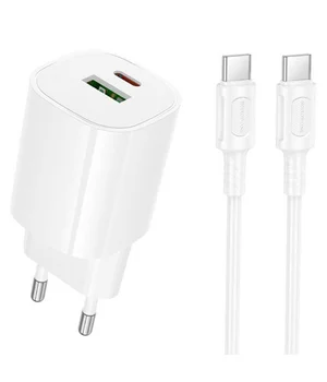 СЗУ Borofone BA104A Pudding PD20W+QC3.0 (1USB-A/1C) + кабель Type-C to Type-C White