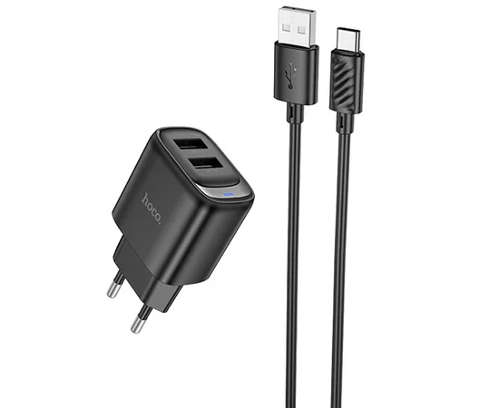 СЗУ Hoco C141A Smart 2.1A (2USB-A) + кабель USB to Type-C Black