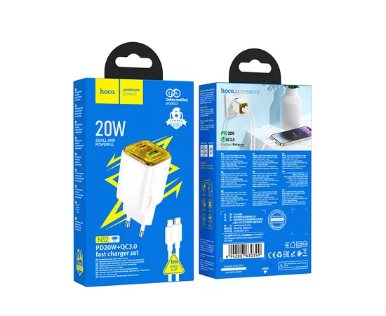 СЗУ Hoco N52 Monsoon PD20W+QC3.0 (1USB-A/1C) + кабель Type-C to Lightning White