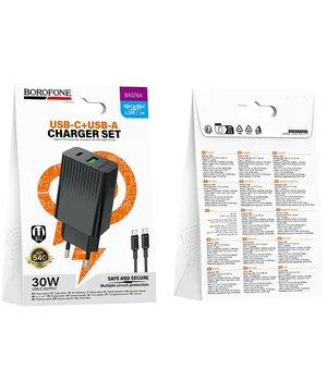 СЗУ Borofone BAS76A Source PD30W+QC3.0 (1USB-A/1C) + кабель Type-C to Type-C Black