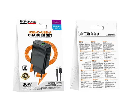 СЗУ Borofone BAS76A Source PD30W+QC3.0 (1USB-A/1C) + кабель Type-C to Type-C Black