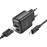 СЗУ Hoco C141A Smart 2.1A (2USB-A) + кабель USB to Lightning Black