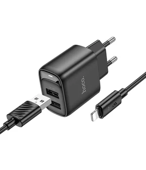 СЗУ Hoco C141A Smart 2.1A (2USB-A) + кабель USB to Lightning Black