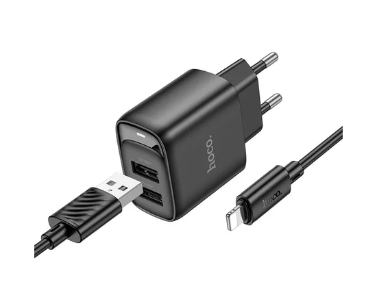 СЗУ Hoco C141A Smart 2.1A (2USB-A) + кабель USB to Lightning Black