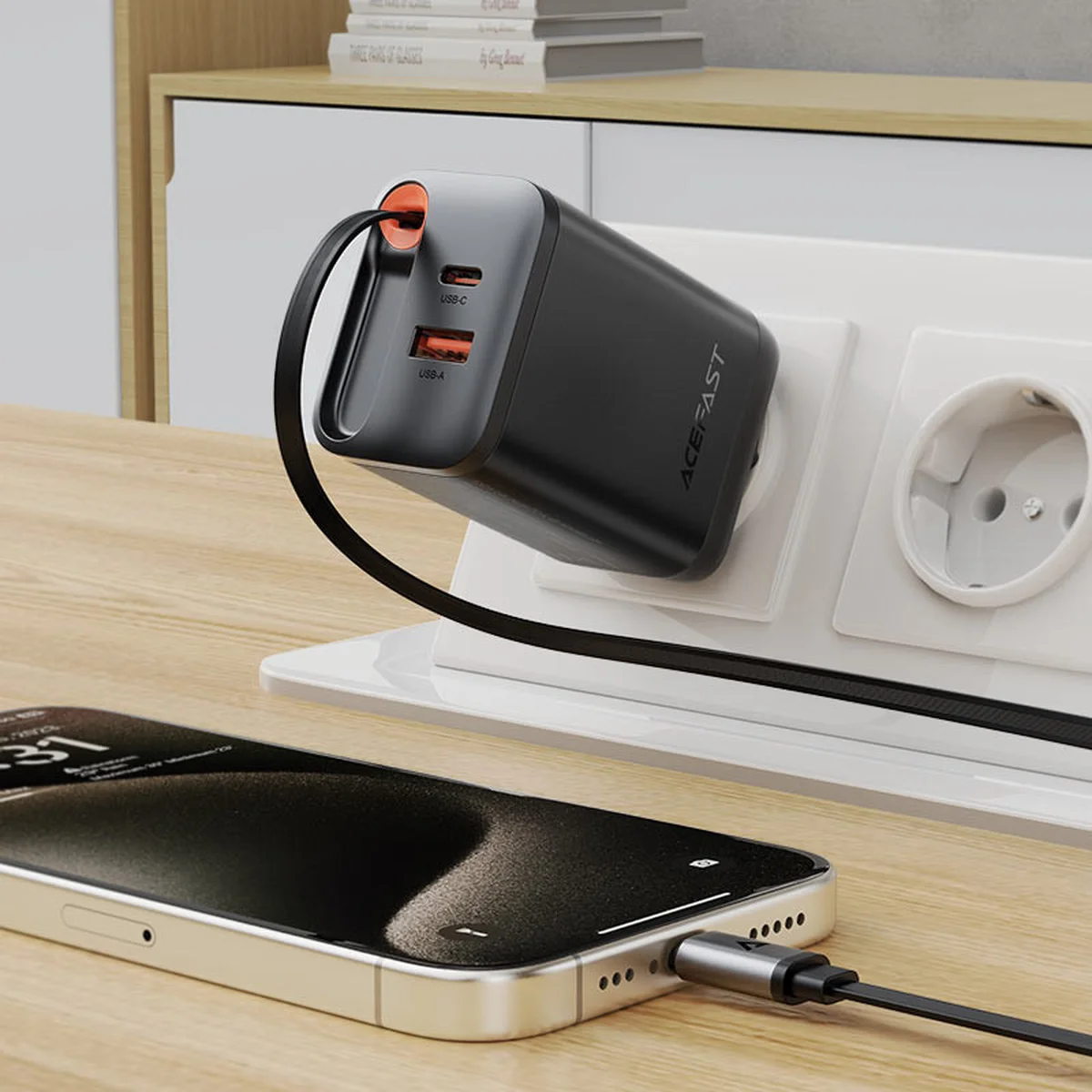 СЗУ Acefast A111 GaN With Retractable Cable Type-C PD67W (1USB-A/1C) Black