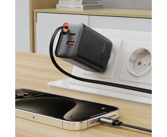 СЗУ Acefast A111 GaN With Retractable Cable Type-C PD67W (1USB-A/1C) Black