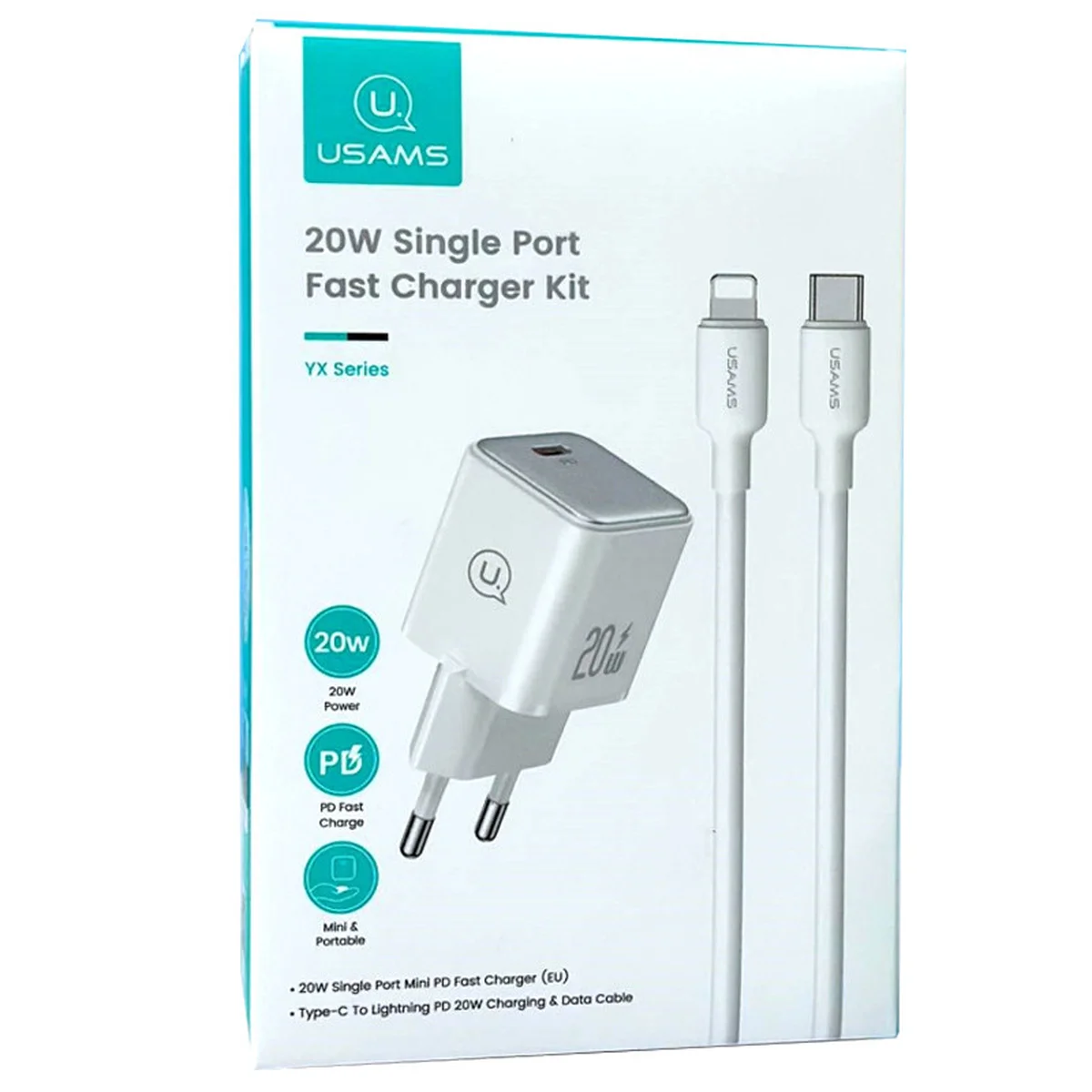 СЗУ Usams US-CC183 PD30W 1C + US-SJ610 Type-C to Lightning PD YX Series White