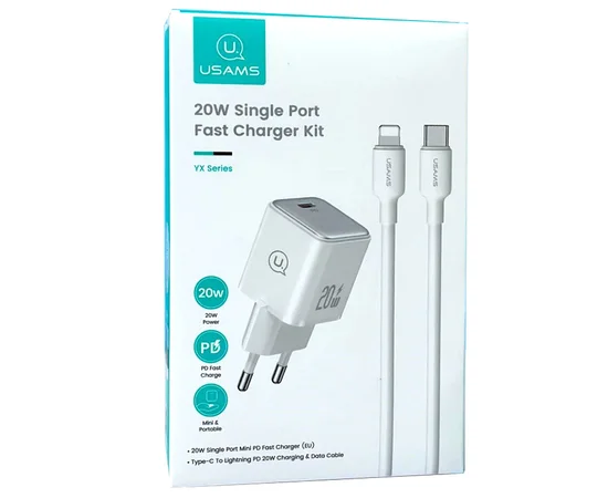 СЗУ Usams US-CC183 PD30W 1C + US-SJ610 Type-C to Lightning PD YX Series White
