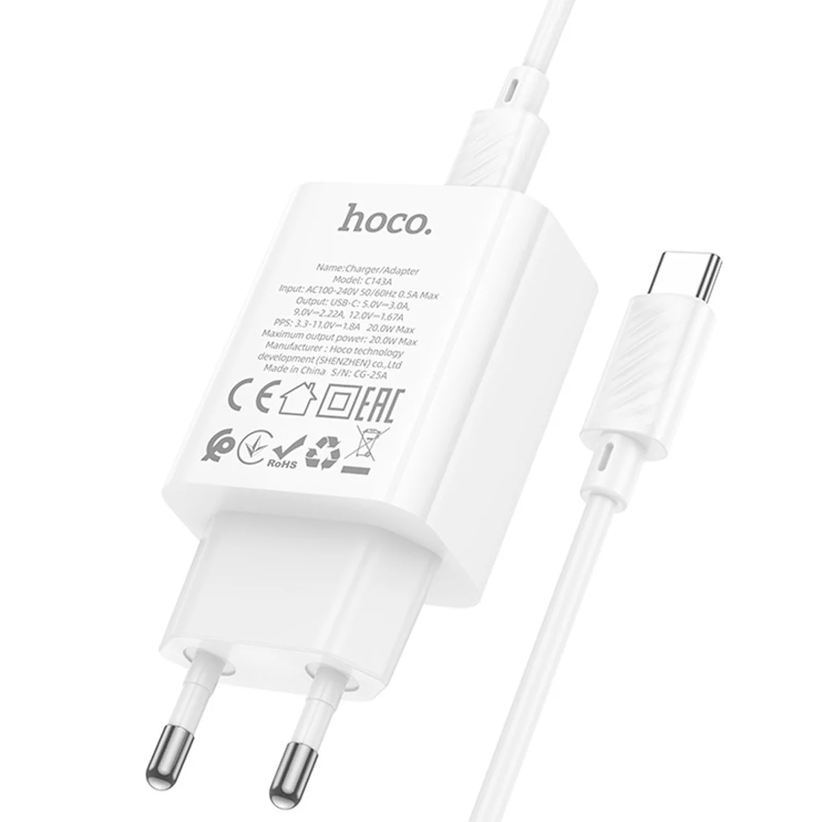 СЗУ Hoco C143A Benefit PD20W (1USB-C) + кабель Type-C to Type-C White