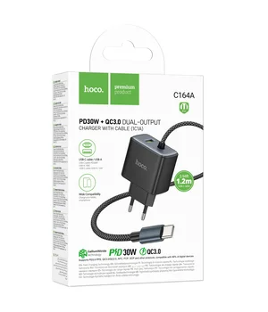 СЗУ Hoco C164A New PD30W+QC3.0 (1USB-A/1C) + вбудований кабель Type-C Black