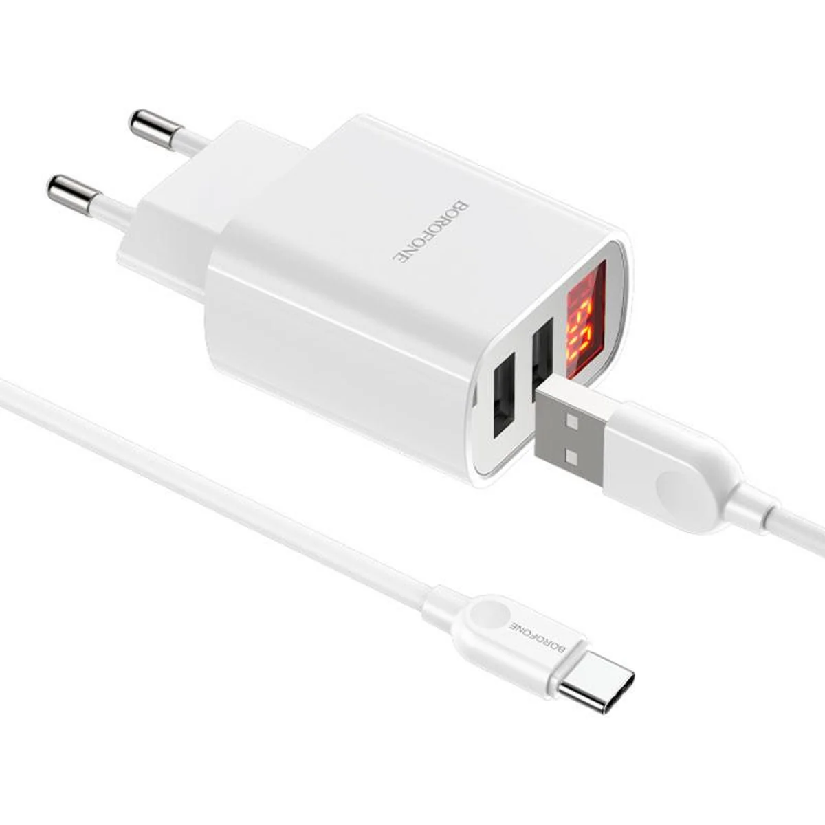 СЗУ Borofone BA58A with digital display 2.4A (2USB-A) + кабель USB to Type-C White
