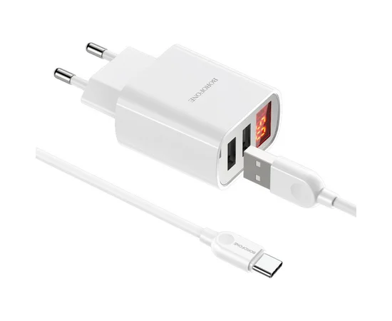 СЗУ Borofone BA58A with digital display 2.4A (2USB-A) + кабель USB для Type-C White