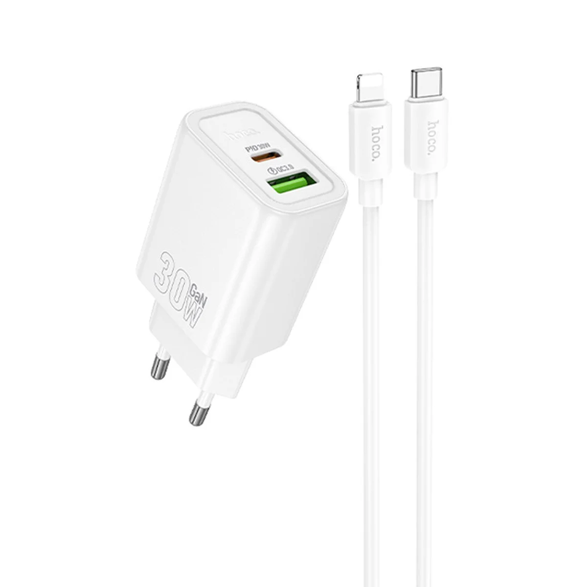 СЗУ Hoco N63 Gentle PD30W+QC3.0 (1USB-A/1C) + кабель Type-C to Lightning White