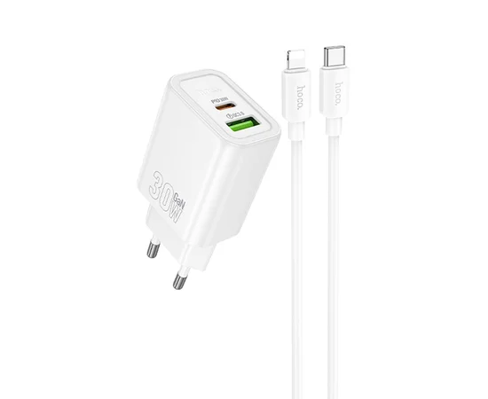 СЗУ Hoco N63 Gentle PD30W+QC3.0 (1USB-A/1C) + кабель Type-C to Lightning White