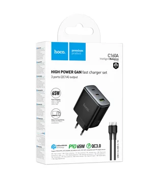 СЗУ Hoco C160A Upgrade PD65W+QC3.0 (1USB-A/2C) + кабель Type-C to Type-C Black