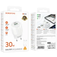 СЗУ Borofone BA94A Lustrous PD30W+QC3.0 (1USB-A/1C) + кабель Type-C to Lightning White