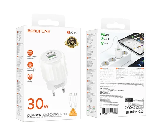 СЗУ Borofone BA94A Lustrous PD30W+QC3.0 (1USB-A/1C) + кабель Type-C to Lightning White