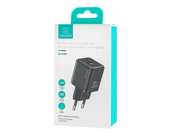СЗУ Usams US-CC189 PD30W + QC3.0 A+C X-ron Series Black