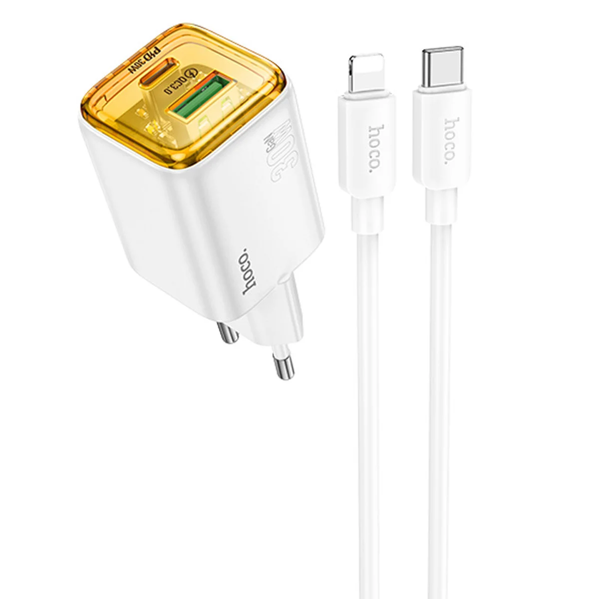 СЗУ Hoco N53 Monsoon PD30W+QC3.0 (1USB-A/1C) + Type-C to Lightning White
