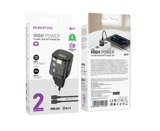 СЗУ Borofone BN17 Sunlight PD20W+QC3.0 (1USB-A/1C) + кабель Type-C to Lightning Transparent black