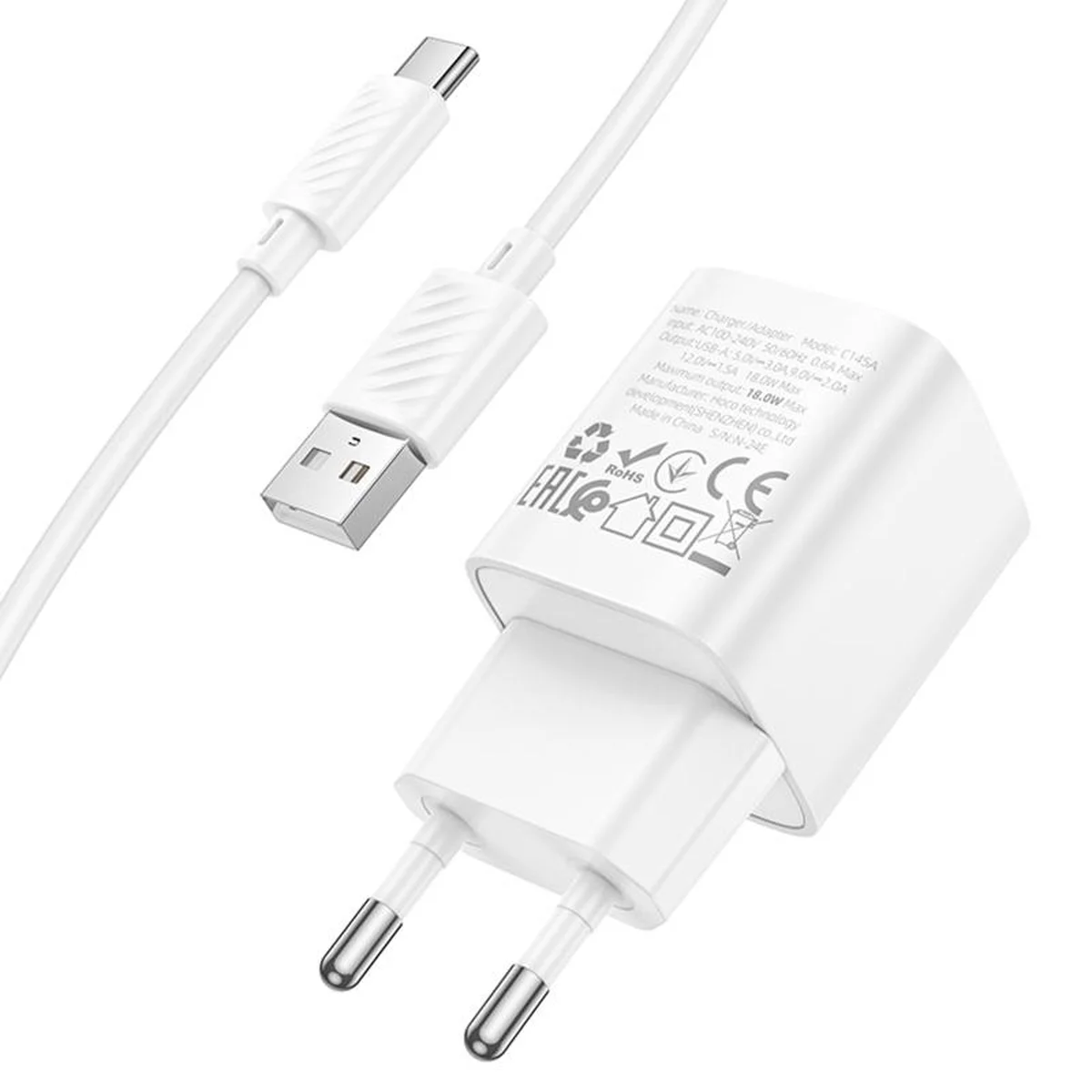 СЗУ Hoco C145A Charm QC3.0 18W (1USB-A) + кабель USB to Type-C White
