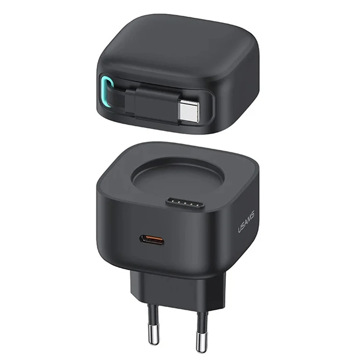 СЗУ Usams US-CC202 GaN With Type-C Magnetic Retractable Cable Module XMF Ser. 35W (2USB-C) Black