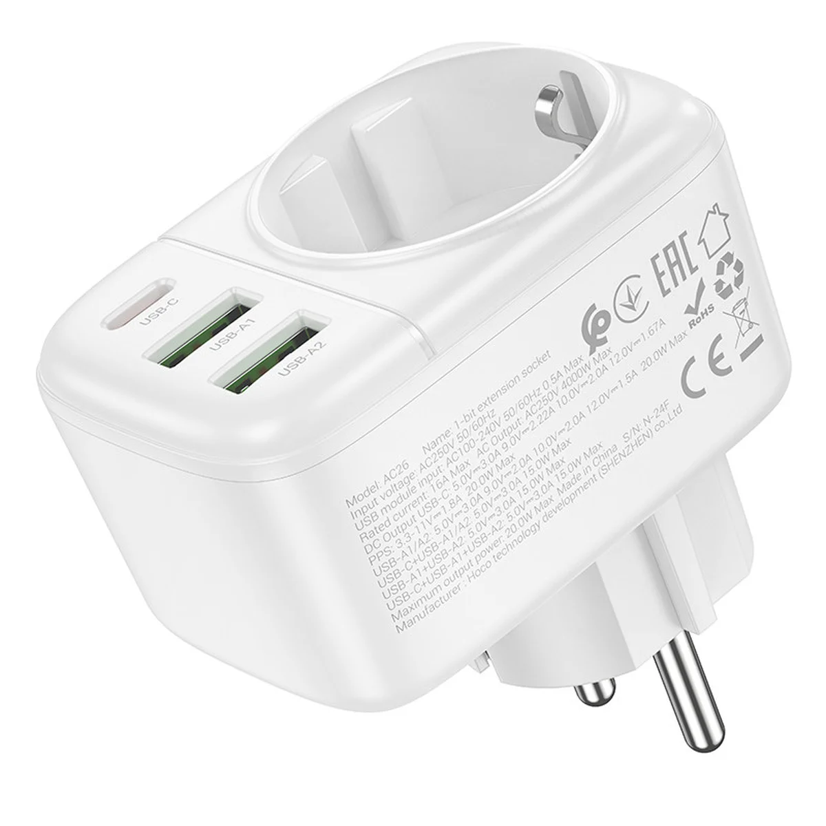СЗУ Hoco AC26 Changer Outlet Extender 20W (2USB-A/1C/1Socket) White