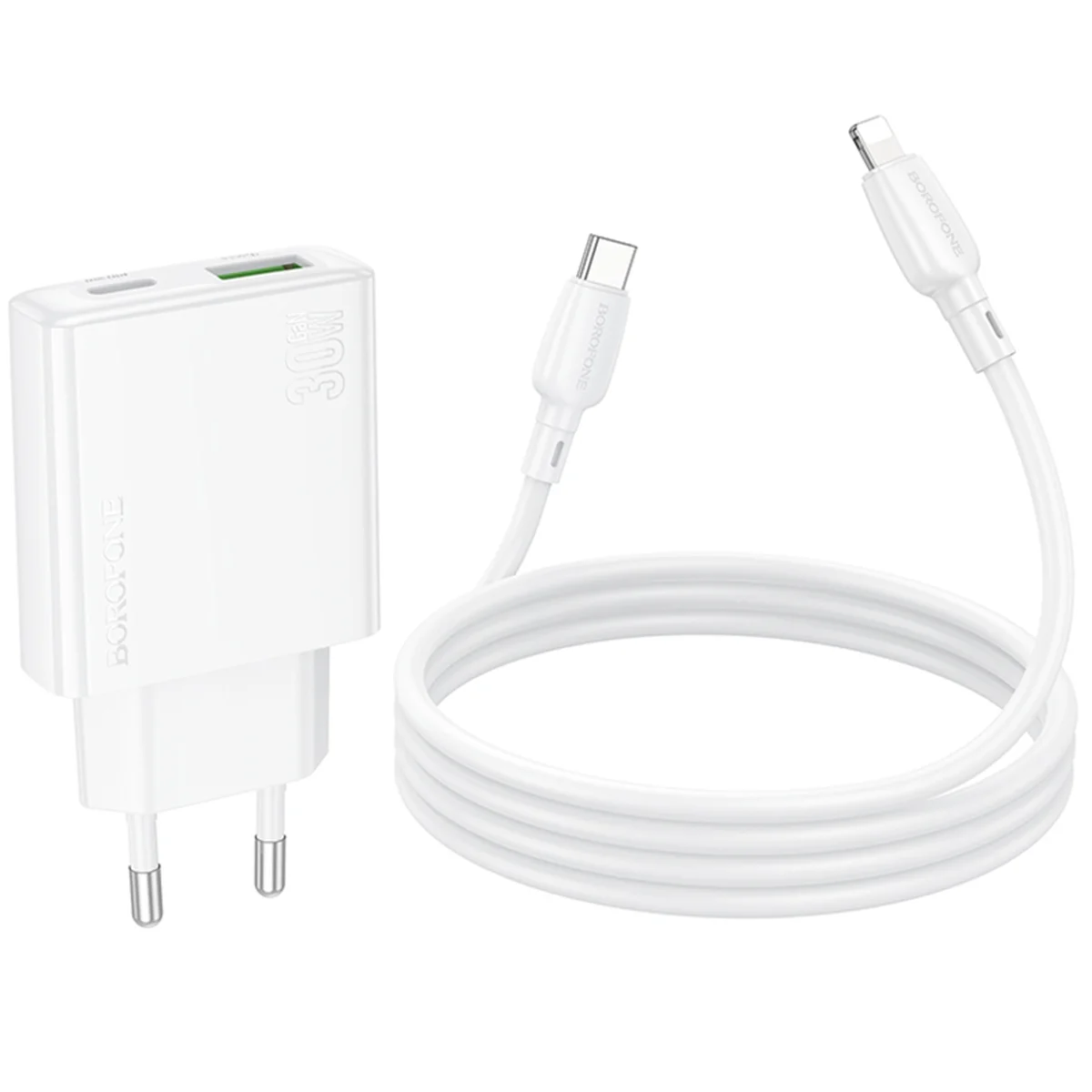 СЗУ Borofone BN25 Wish PD30W+QC3.0 (1USB-A/1C) + кабель Type-C to Lightning White