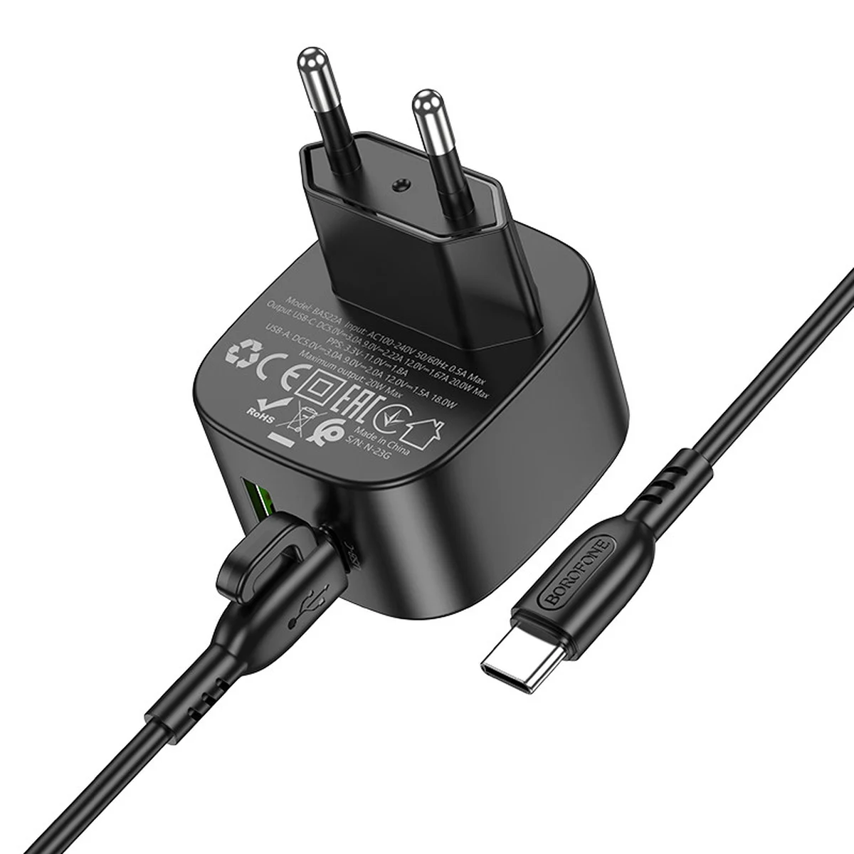 СЗУ Borofone BAS22A Fortune PD20W+QC3.0 (1C1A) + Type-C to Type-C Black