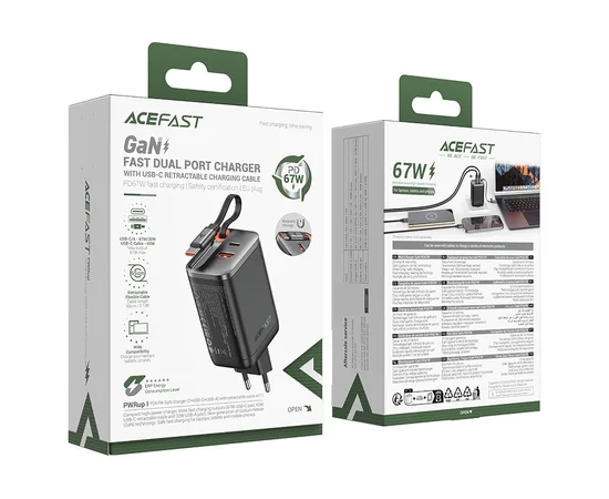 СЗУ Acefast A111 GaN With Retractable Cable Type-C PD67W (1USB-A/1C) Black
