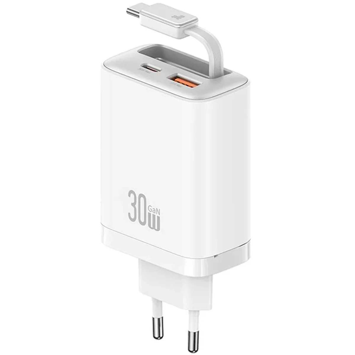 СЗУ Usams US-CC296 GaN With Retractable Type-C Cable Xiang Ser. 30W (1USB-A/1C) White