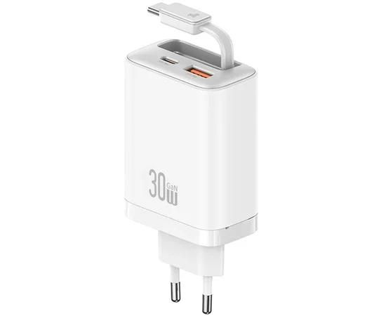СЗУ Usams US-CC296 GaN With Retractable Type-C Cable Xiang Ser. 30W (1USB-A/1C) White