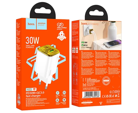 СЗУ Hoco N53 Monsoon PD30W+QC3.0 (1USB-A/1C) White