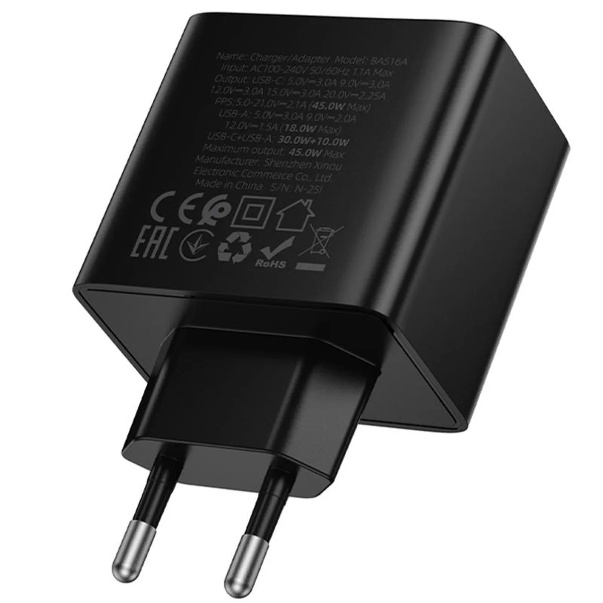 СЗУ Borofone BAS16A Erudite PD45W+QC3.0 (1USB-A/1C) Black