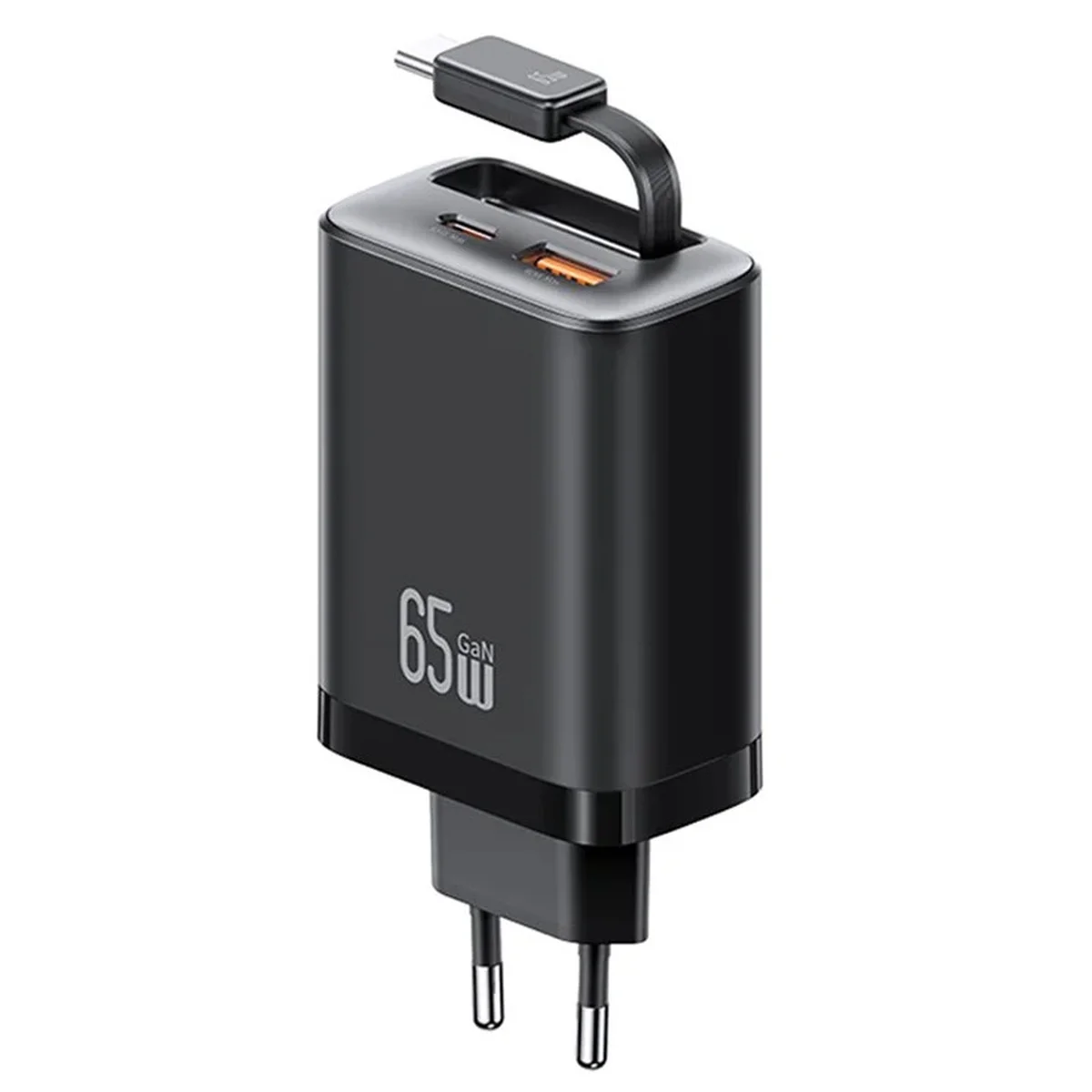 СЗУ Usams US-CC299 GaN With Retractable Type-C Cable Xiang Ser. 65W (1USB-A/1C) Black