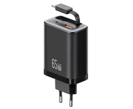 СЗУ Usams US-CC299 GaN With Retractable Type-C Cable Xiang Ser. 65W (1USB-A/1C) Black