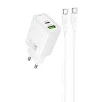 СЗУ Hoco N61 Gentle PD20W+QC3.0 (1USB-A/1C) + кабель Type-C to Type-C White